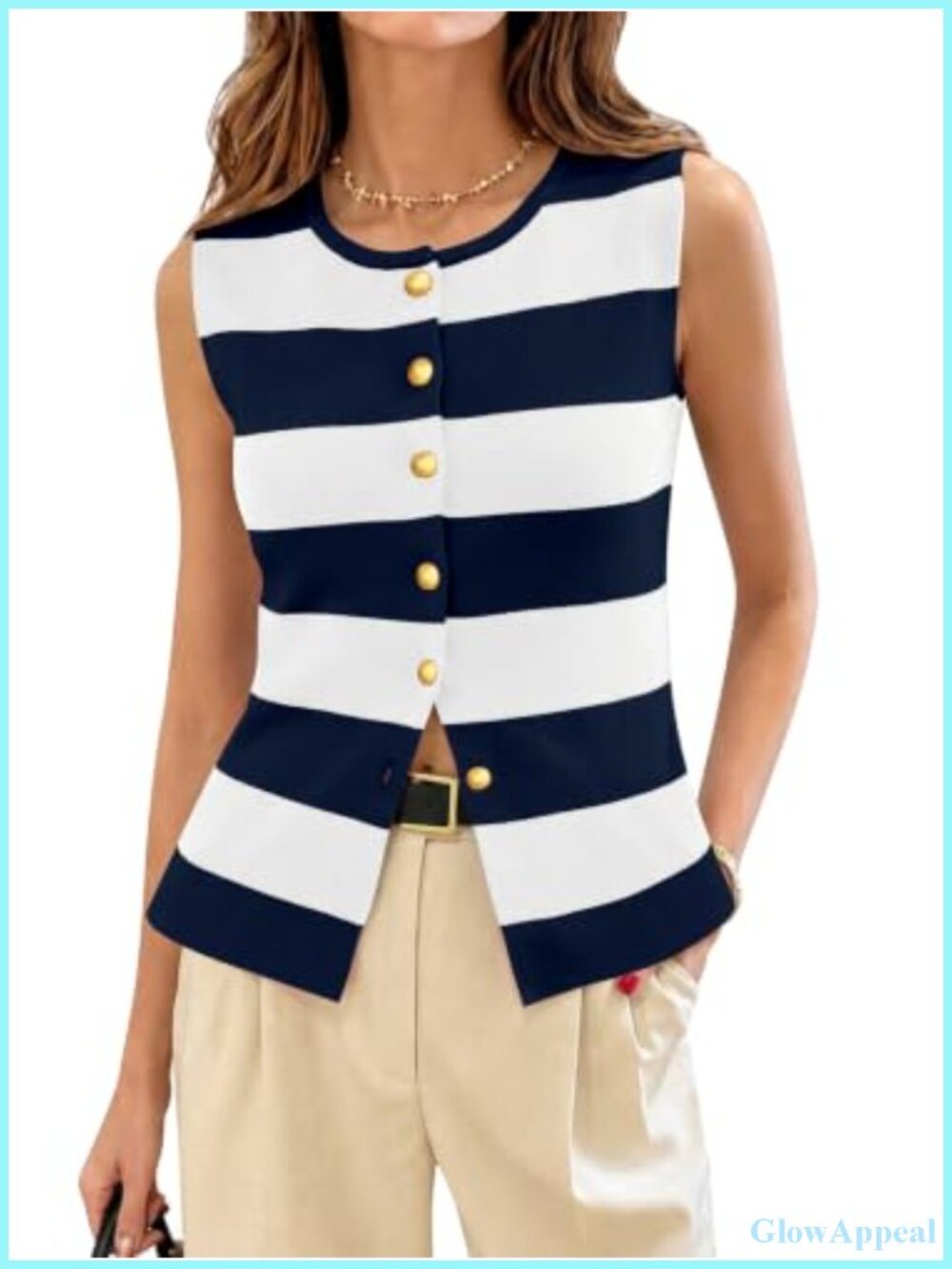 Striped Sleeveless Knit Sweater Vest Button Down Lightweight Casual Top
